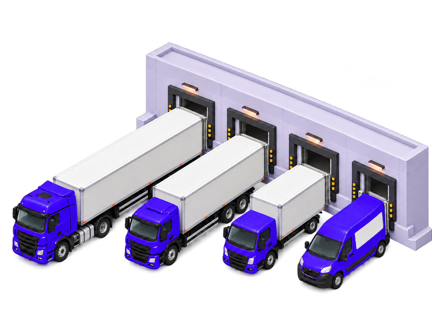 Beispielflotte an vier offenen Rampen: Sattelzug, Tandem-Lkw, Leicht-Lkw und Kastenwagen